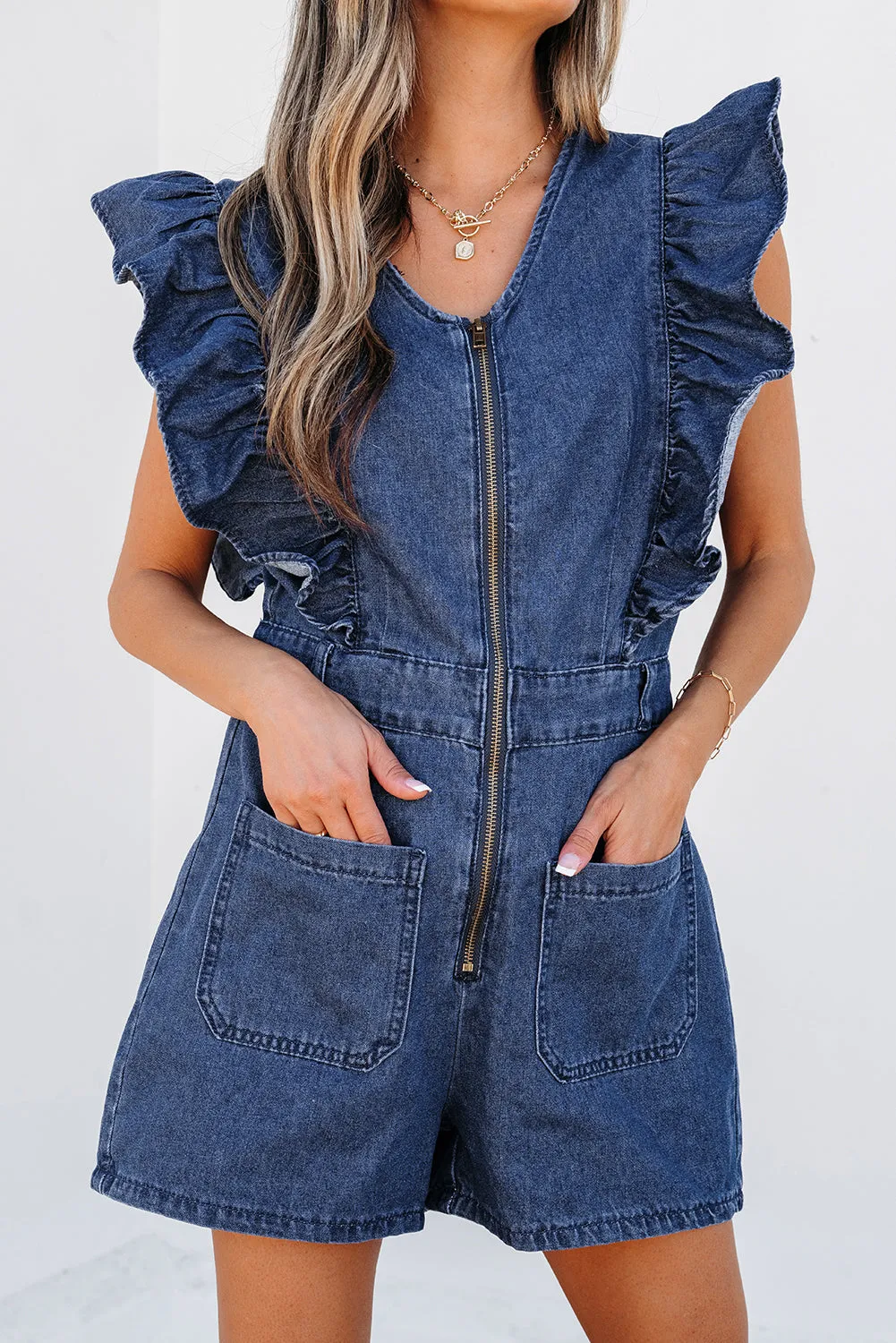 Amora Denim Ruffled Zipped Front Belted Romper