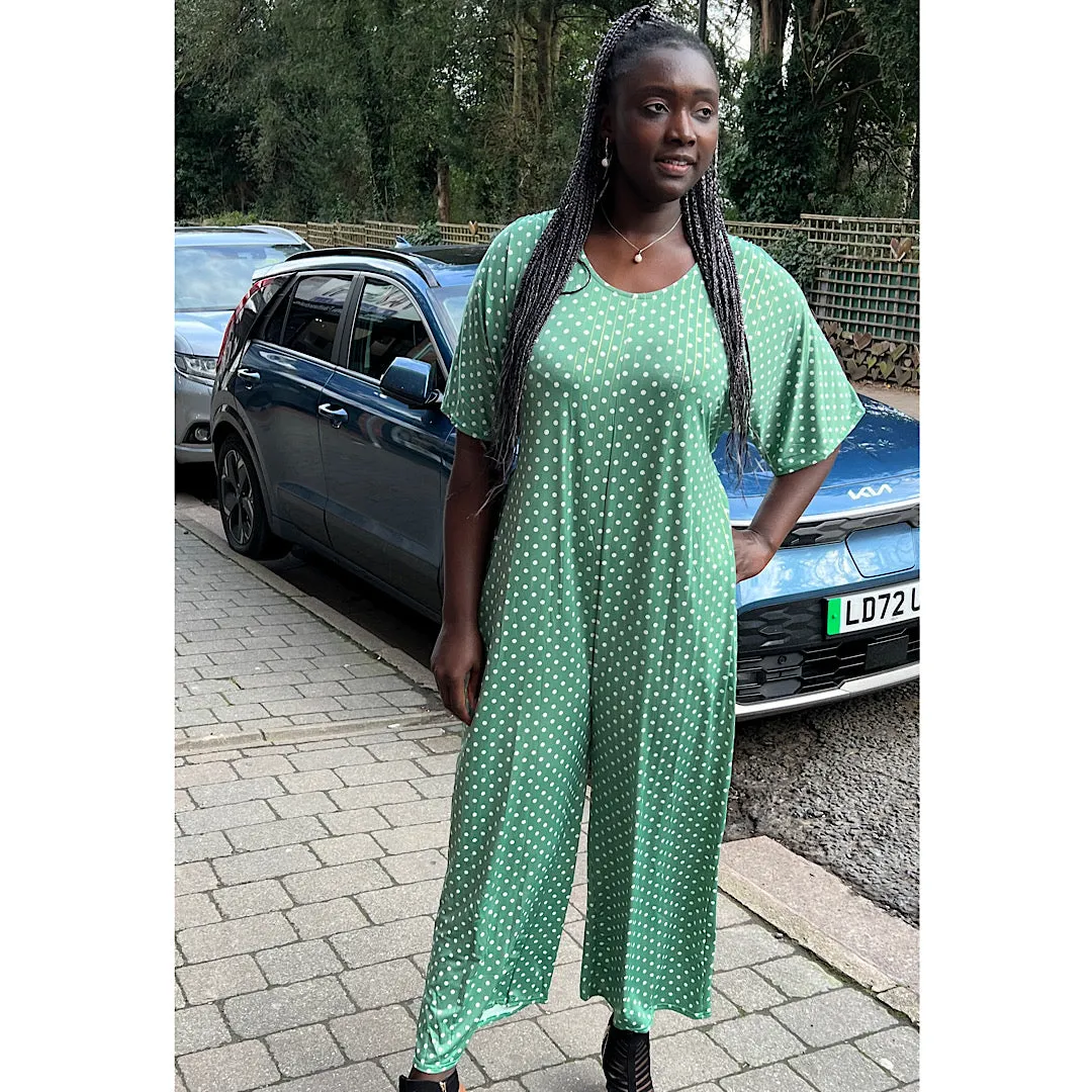 Apple Green & White Polka Dot with Gold Line Print Jumpsuit