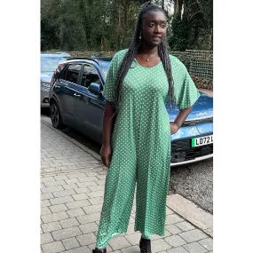Apple Green & White Polka Dot with Gold Line Print Jumpsuit