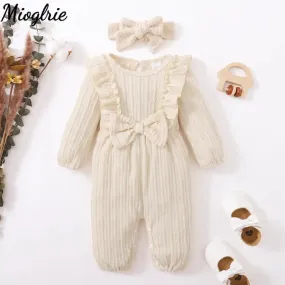 Baby Girls Winter Warm Jumpsuit Newborn Clothes Solid Ruffled Clothing with Headband Bowknot Button Infant Newborn Romper X4470988