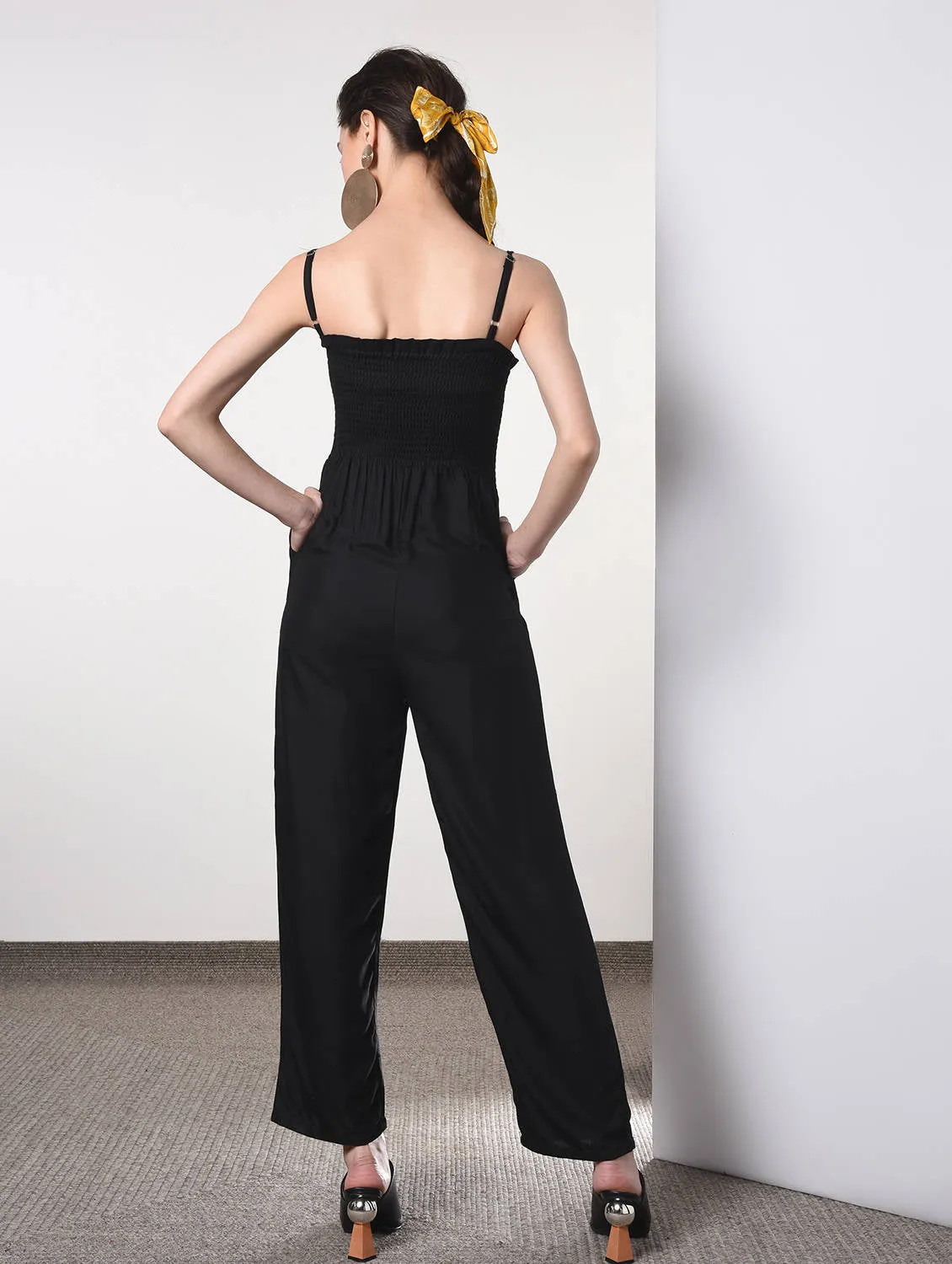 Black cotton full leg jumpsuit