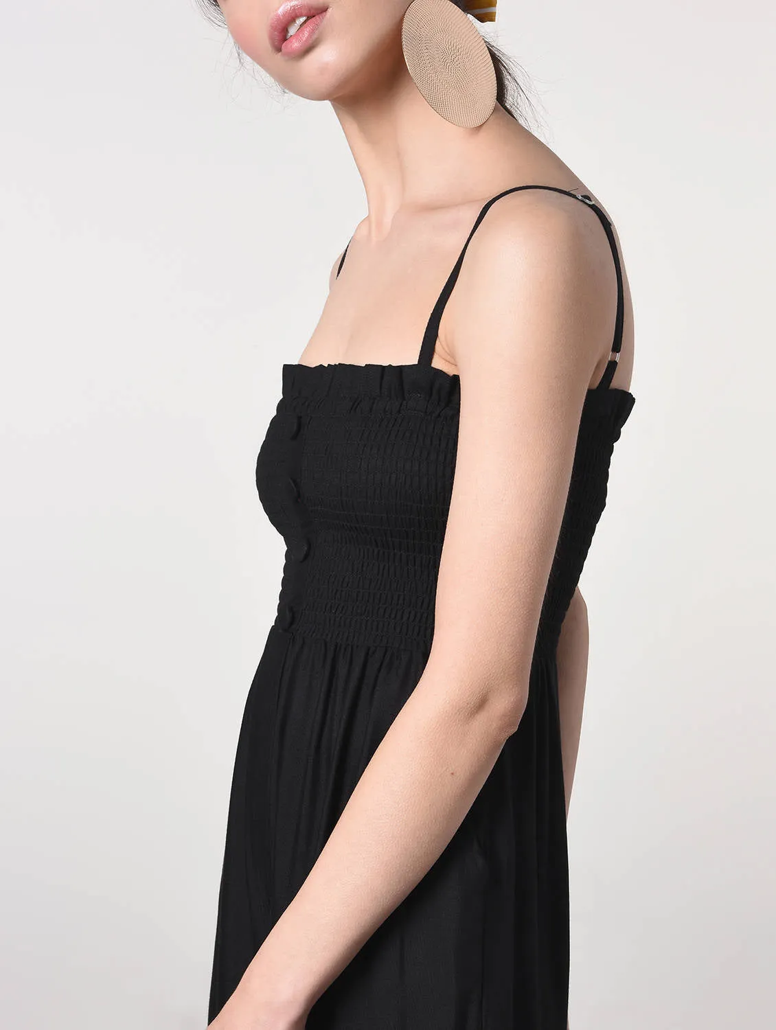 Black cotton full leg jumpsuit