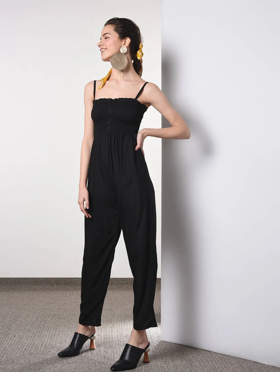 Black cotton full leg jumpsuit