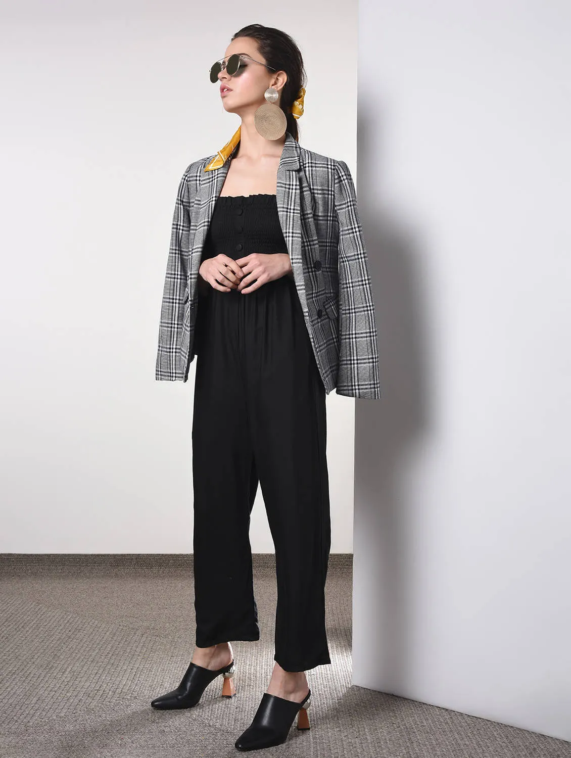 Black cotton full leg jumpsuit