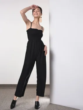 Black cotton full leg jumpsuit