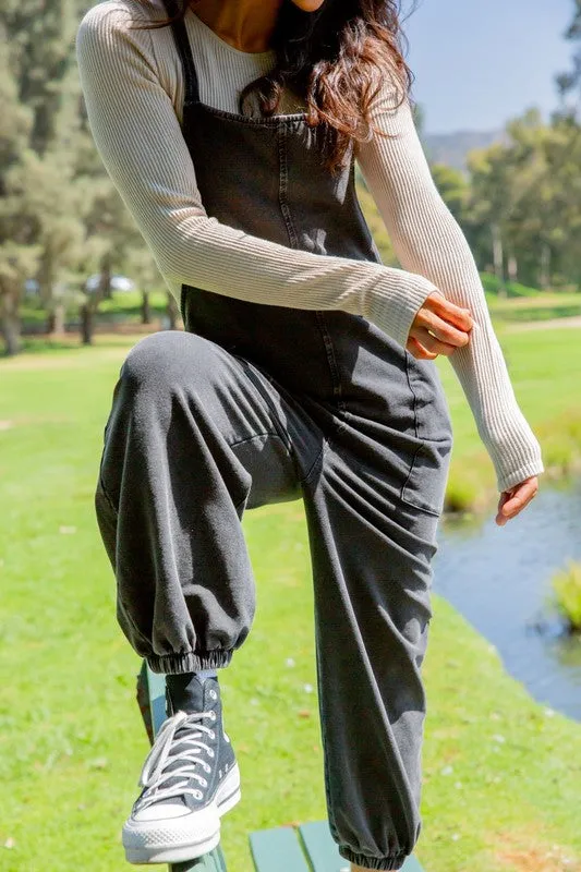 Black Drawstring Waist Spaghetti Strap Overalls with Pockets