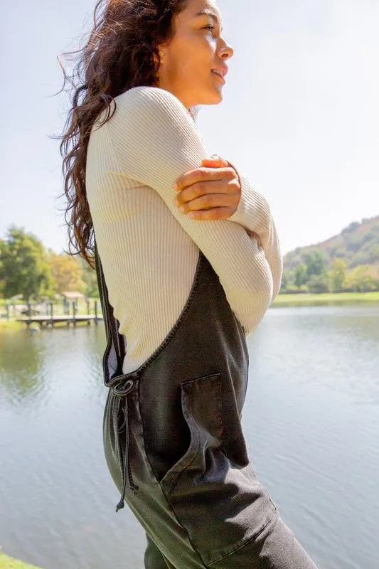 Black Drawstring Waist Spaghetti Strap Overalls with Pockets