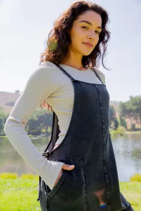 Black Drawstring Waist Spaghetti Strap Overalls with Pockets