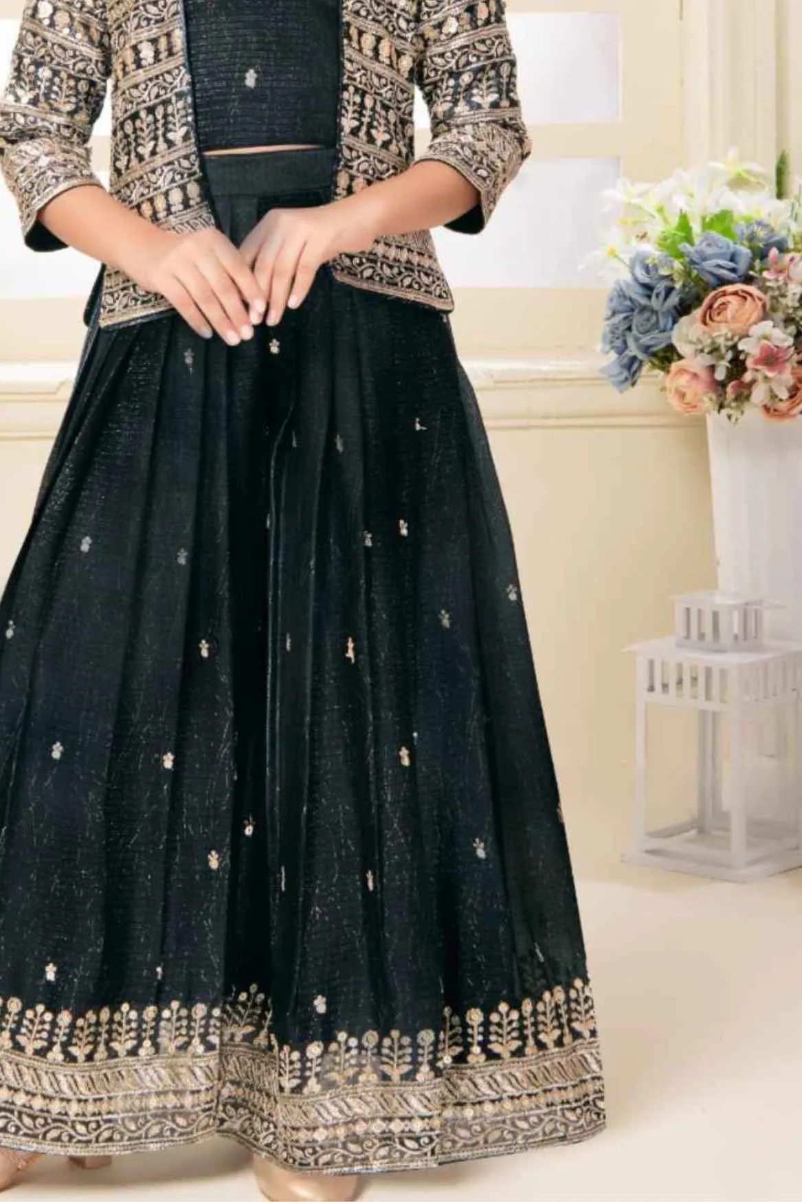 Black Embroidered And Sequined Palazzo Set With Overcoat For Girls
