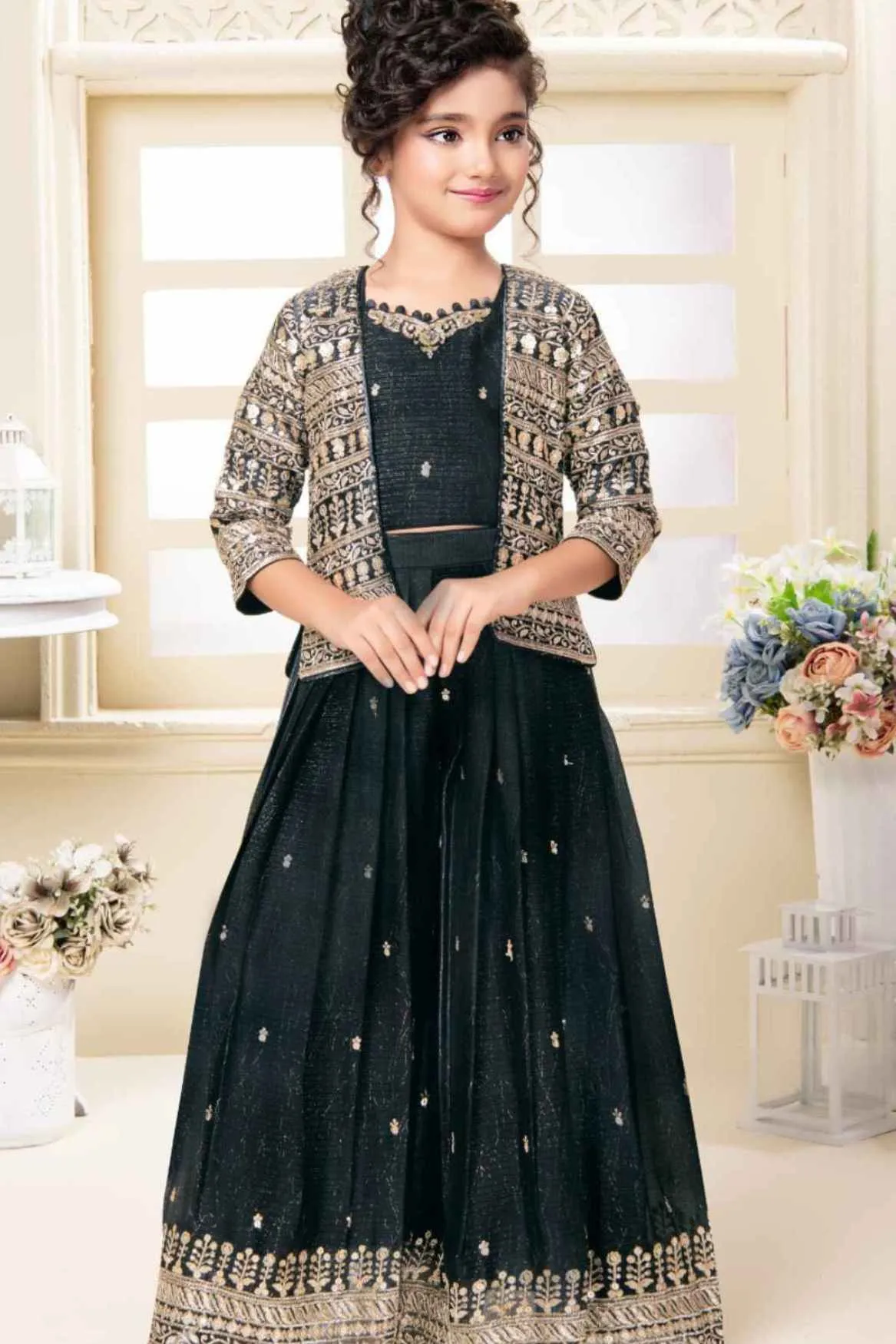 Black Embroidered And Sequined Palazzo Set With Overcoat For Girls