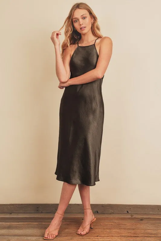 Black Satin Tie-Back Halter Slip Dress