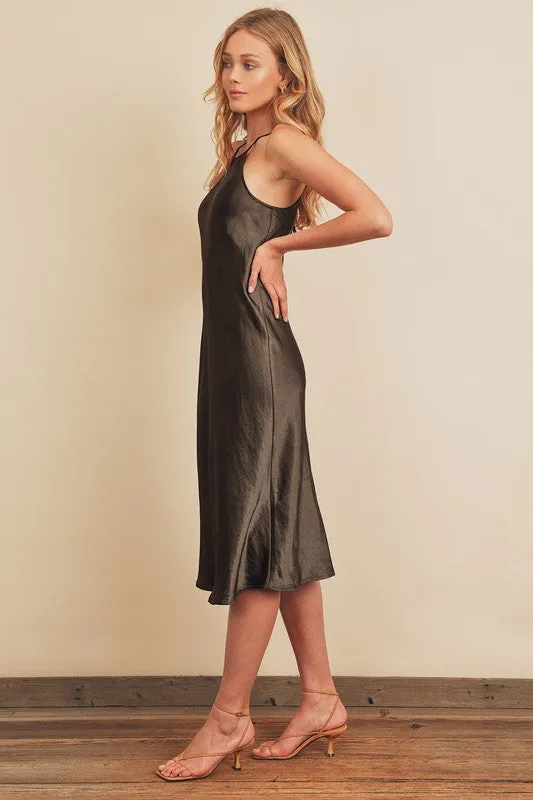 Black Satin Tie-Back Halter Slip Dress