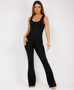 Black Sleeveless Open Back Ruched Jumpsuit