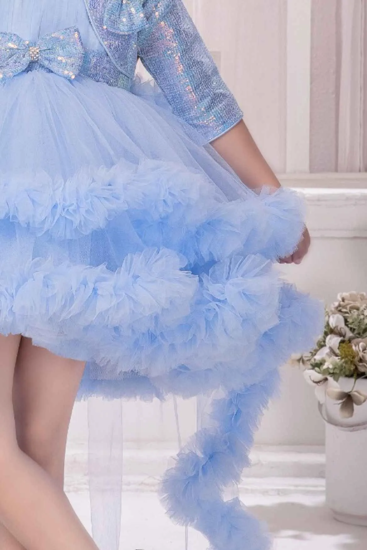 Blue Bow Embellished Tailback Frock With Sequin Overcoat For Girls