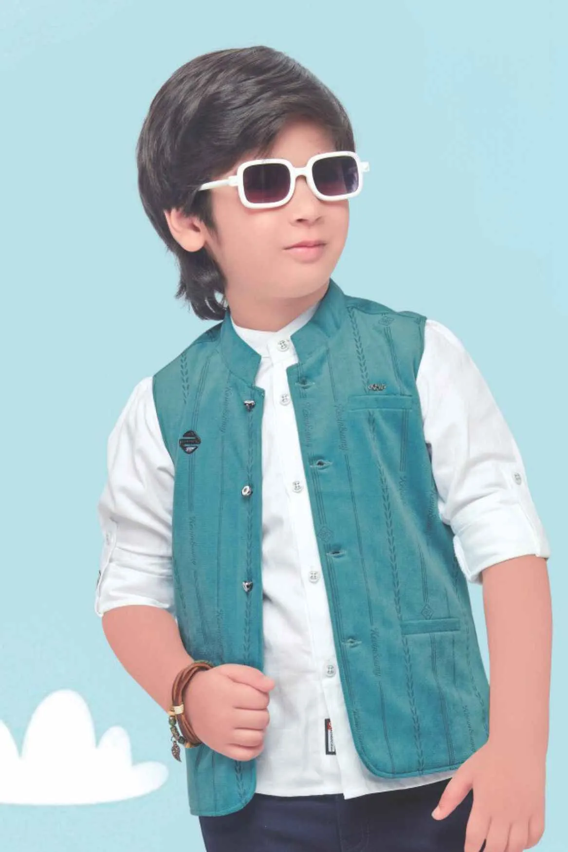 Blue Overcoat With White Shirt And Pant Set For Boys
