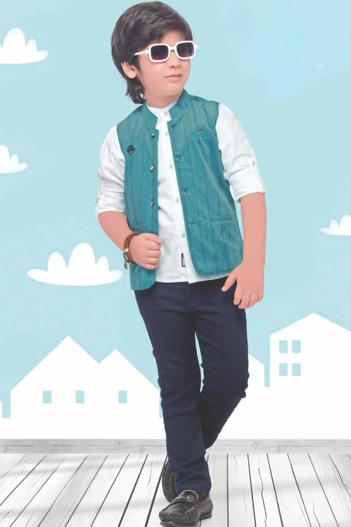 Blue Overcoat With White Shirt And Pant Set For Boys