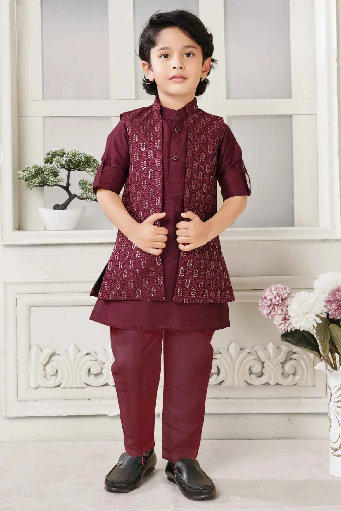 Classic Maroon Kurta Set With Overcoat For Boys