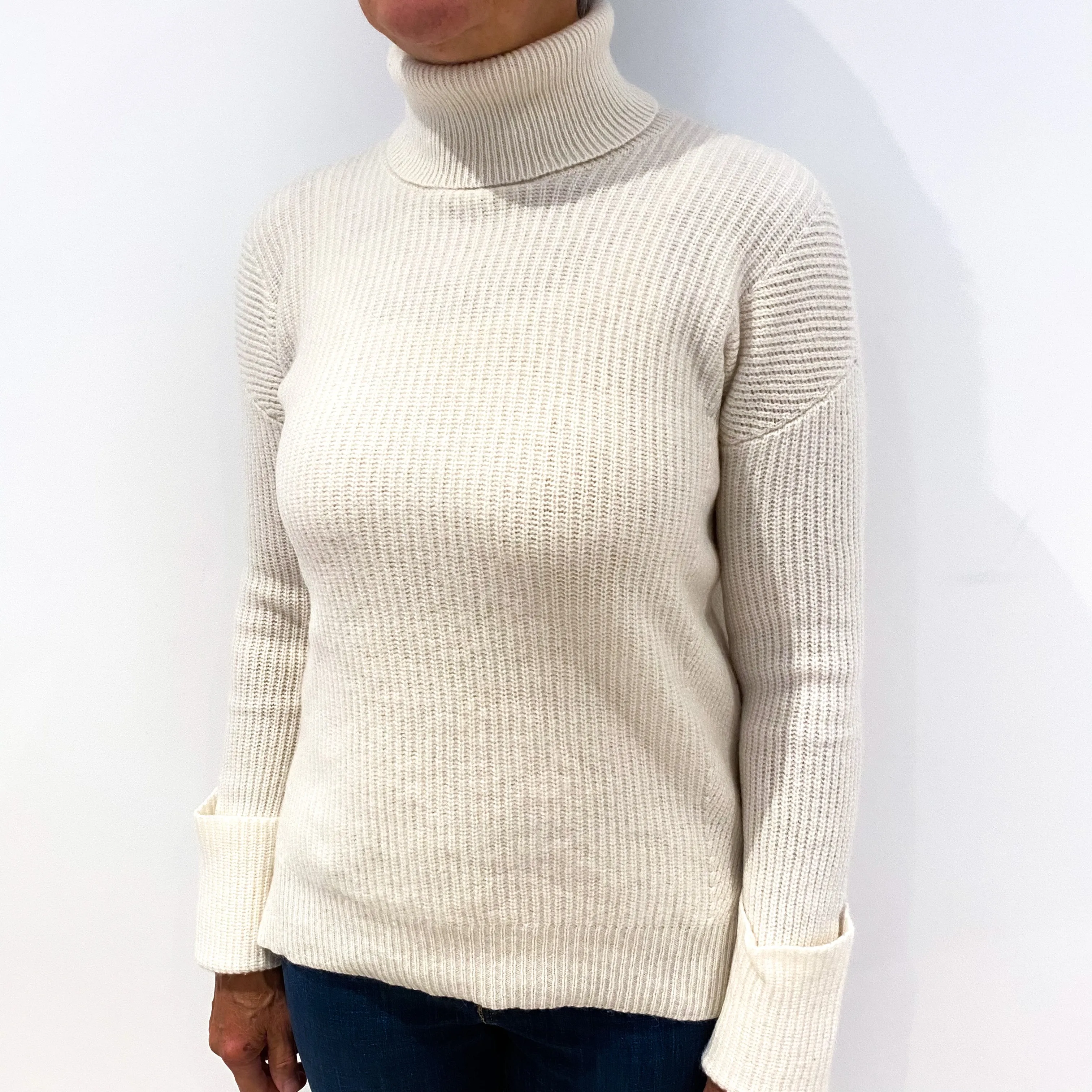 Cream Chunky Cashmere Polo Neck Jumper Medium