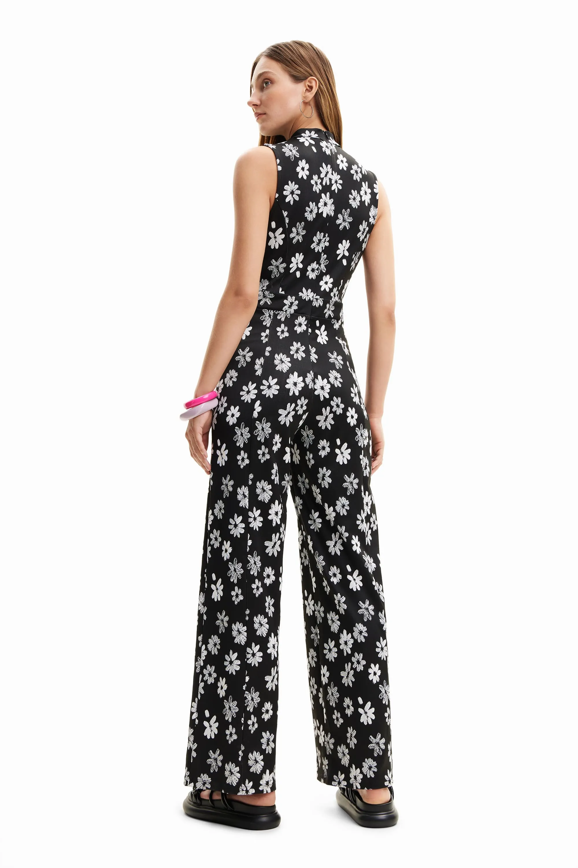 Desigual Lana Black & White Sleeveless Belted 1960s Jumpsuit 24SWPK06