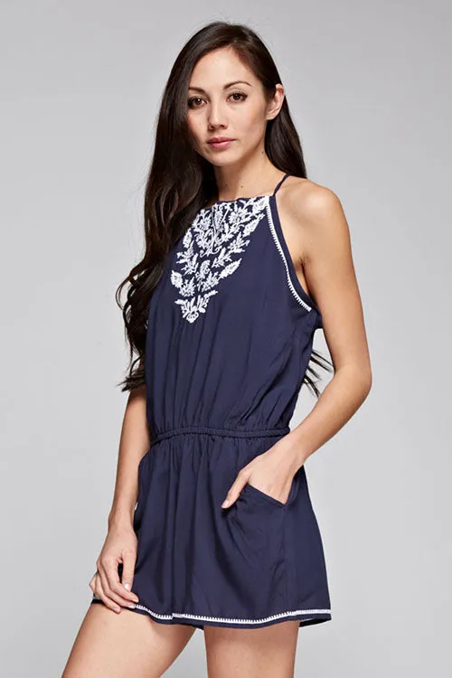 Embroidered High Neck Tie Back Romper