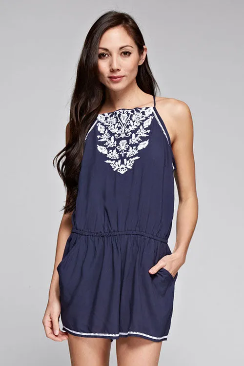 Embroidered High Neck Tie Back Romper
