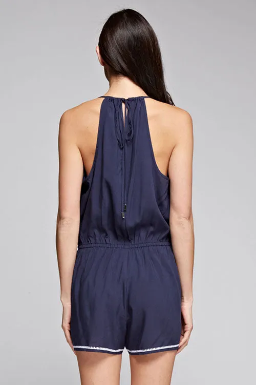 Embroidered High Neck Tie Back Romper