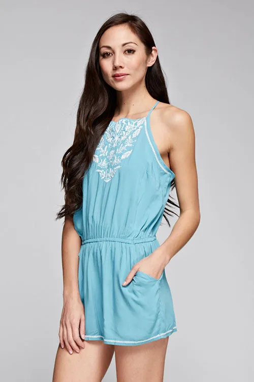 Embroidered High Neck Tie Back Romper