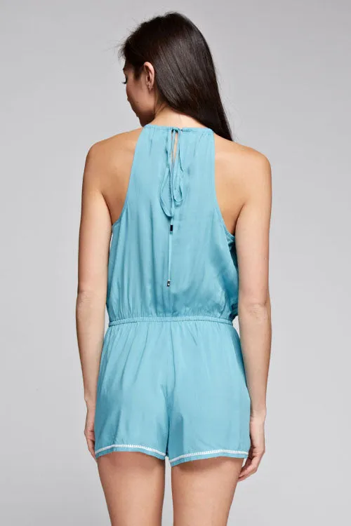 Embroidered High Neck Tie Back Romper