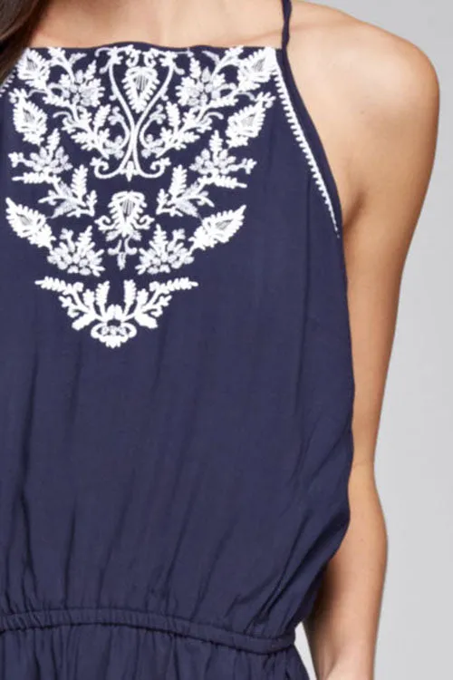 Embroidered High Neck Tie Back Romper