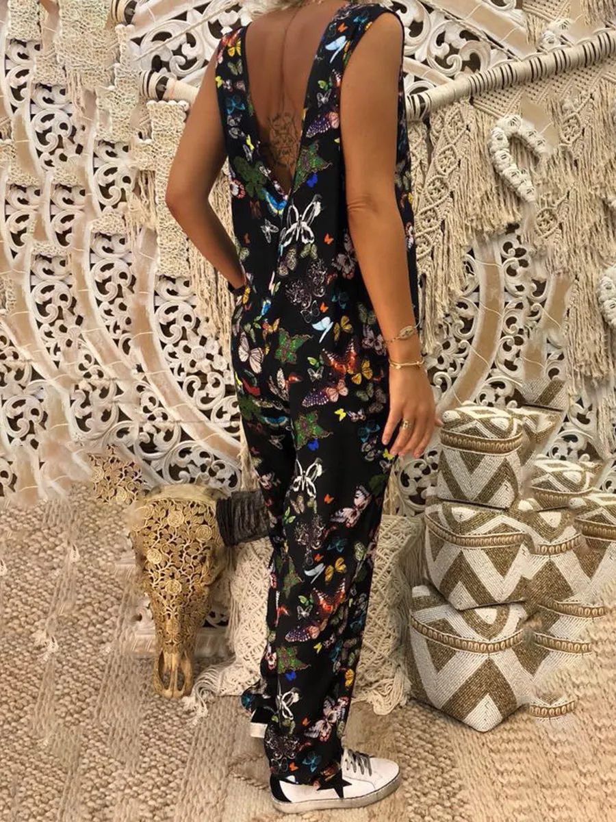 Fashion All-match Printed V-neck Jumpsuit