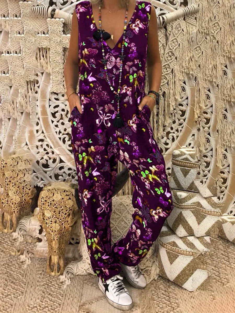 Fashion All-match Printed V-neck Jumpsuit