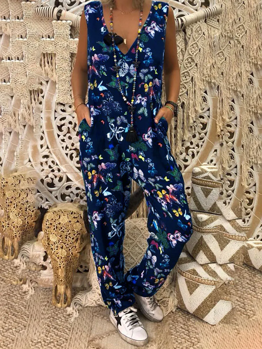 Fashion All-match Printed V-neck Jumpsuit
