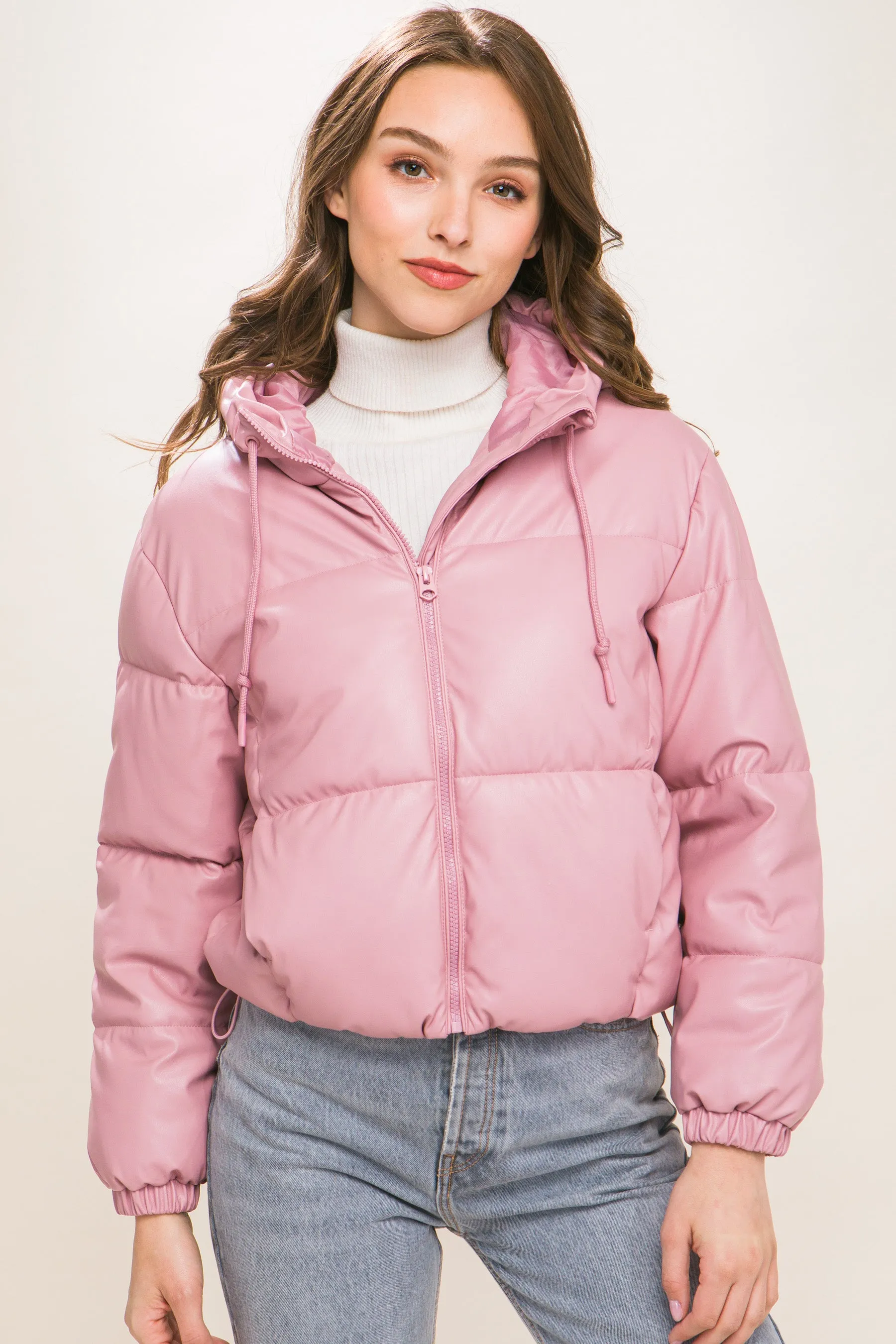 Faux Leather Hooded Puffer Jacket