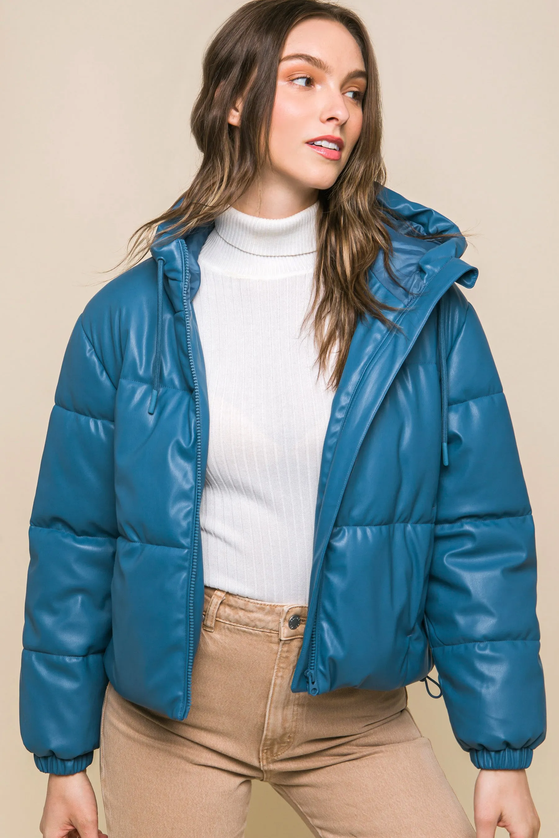 Faux Leather Hooded Puffer Jacket