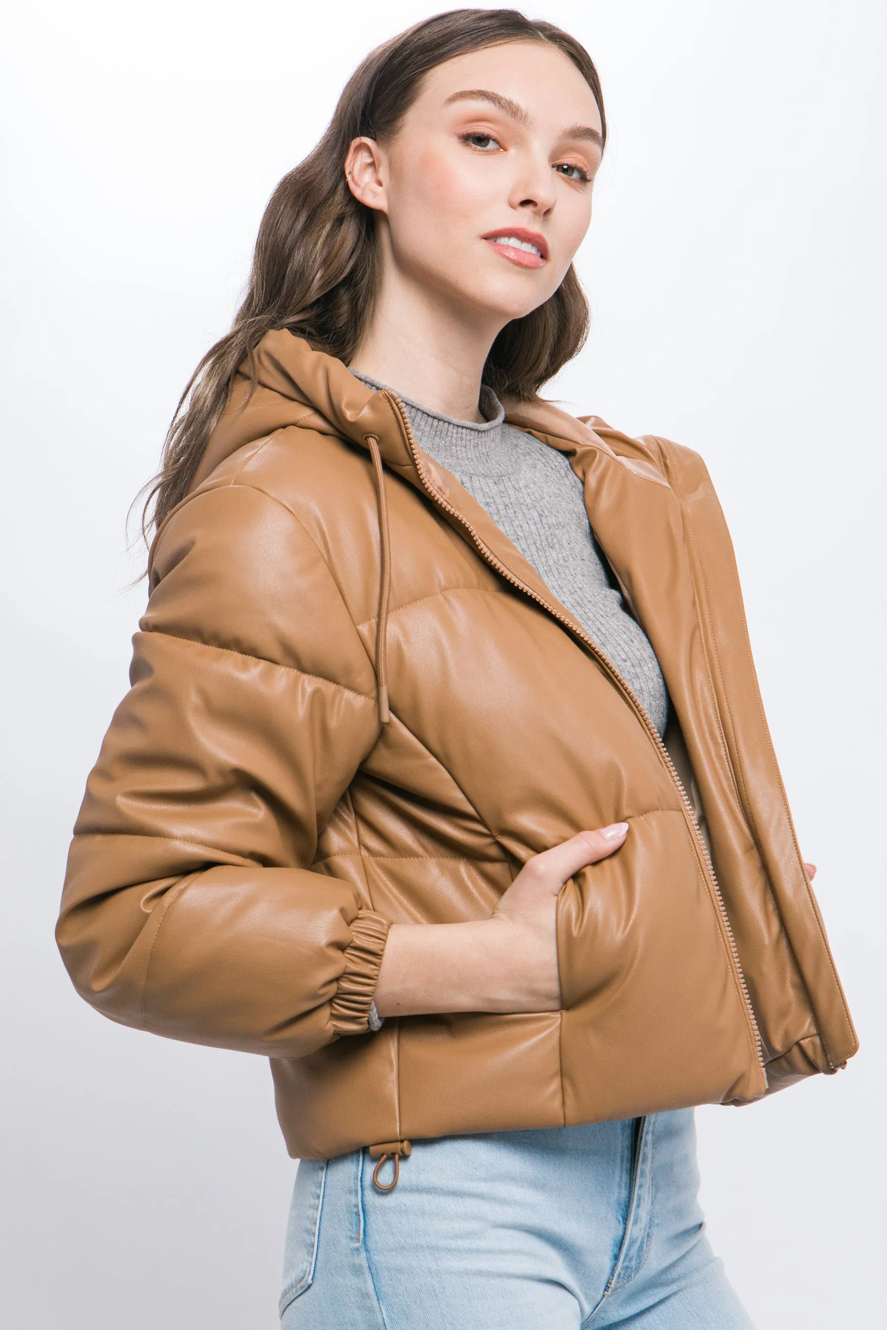 Faux Leather Hooded Puffer Jacket