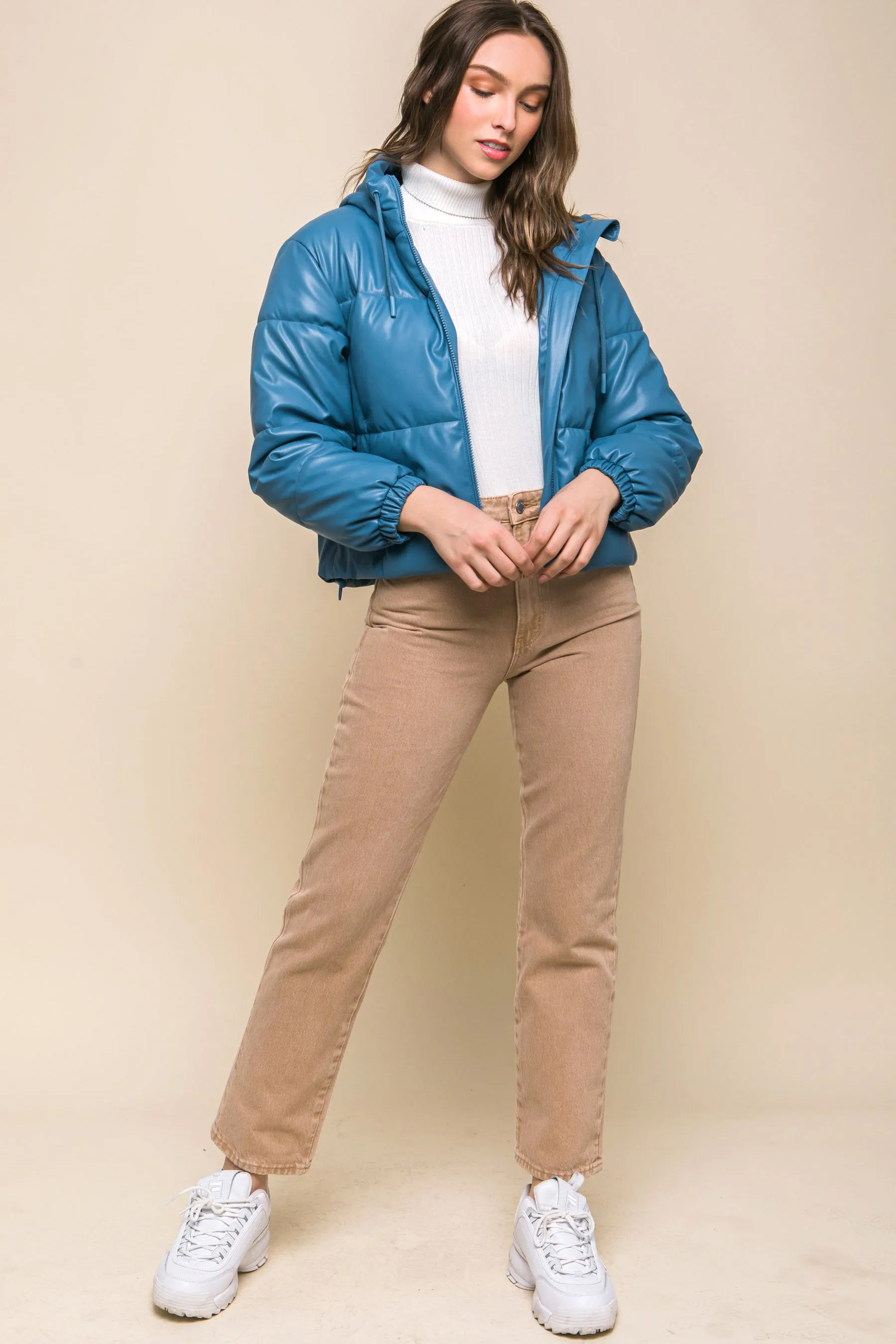 Faux Leather Hooded Puffer Jacket