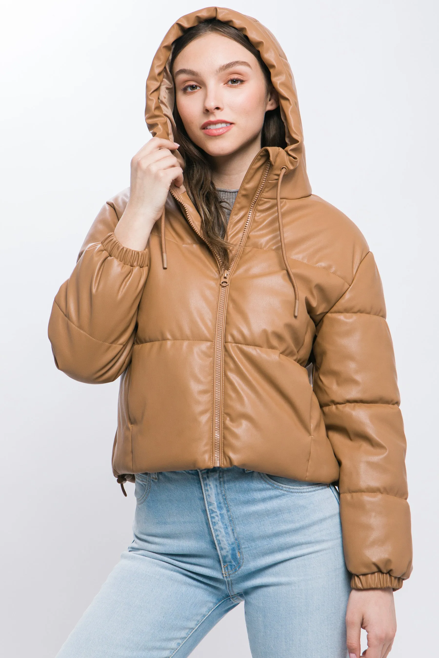 Faux Leather Hooded Puffer Jacket