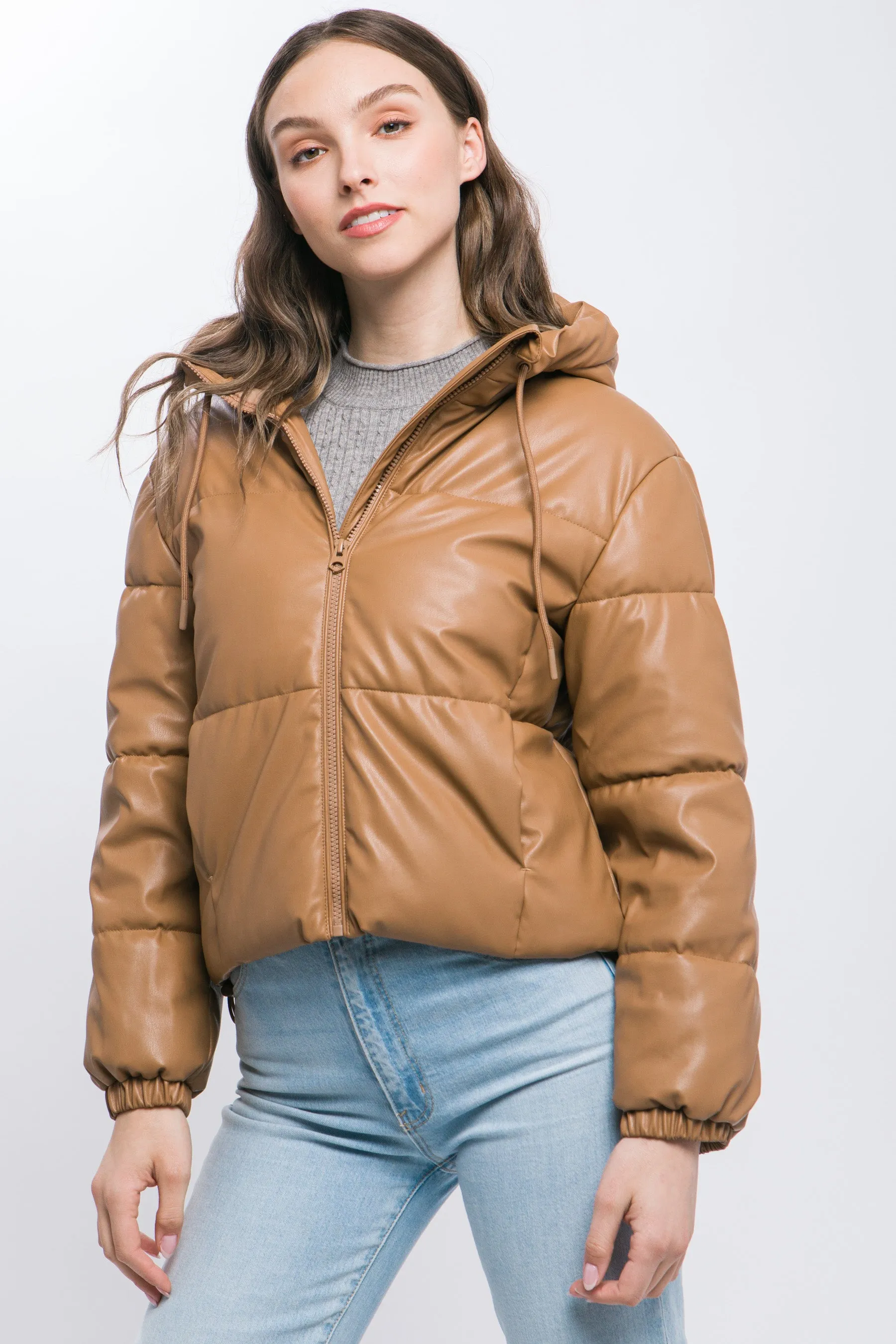 Faux Leather Hooded Puffer Jacket