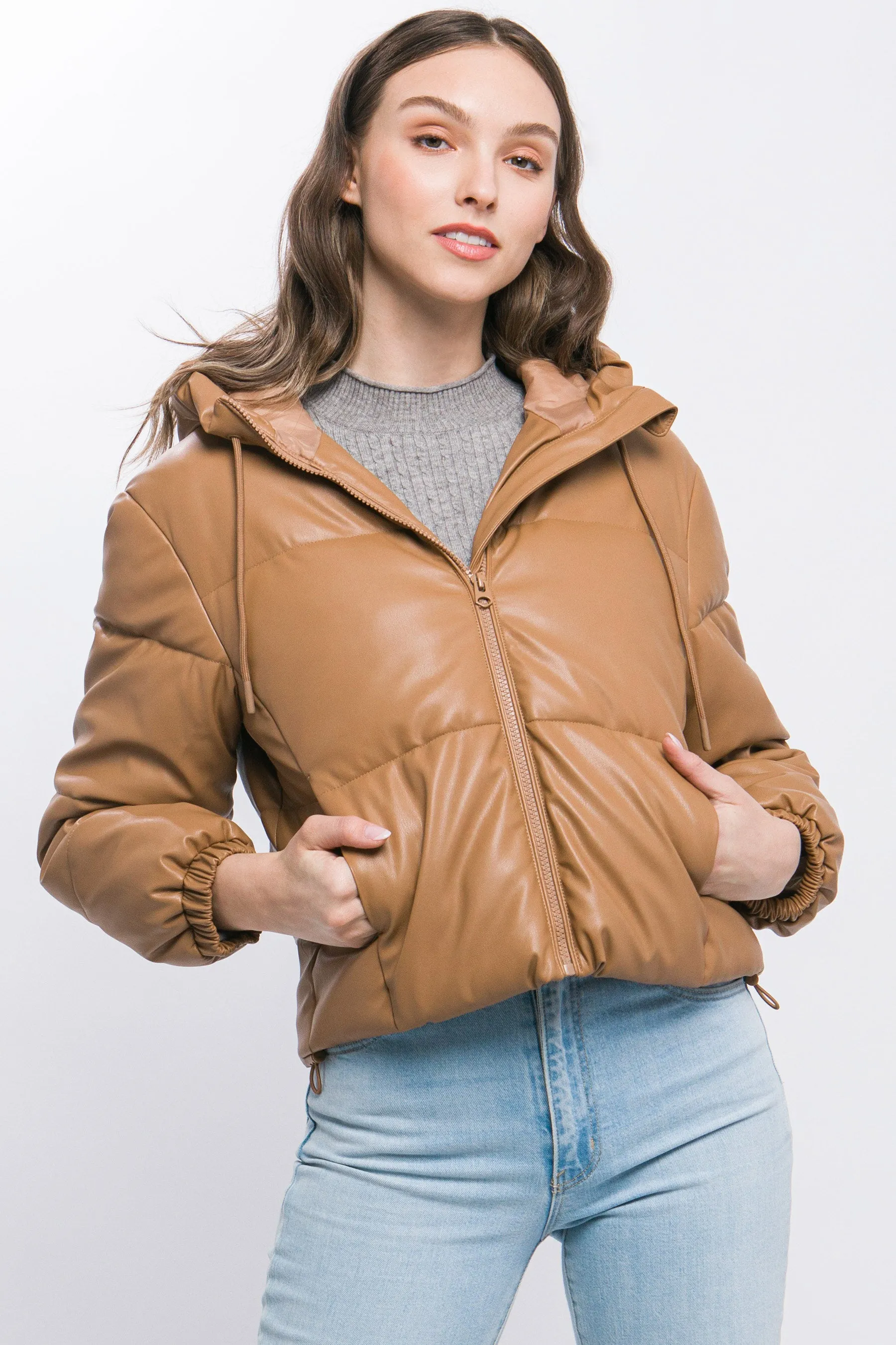 Faux Leather Hooded Puffer Jacket