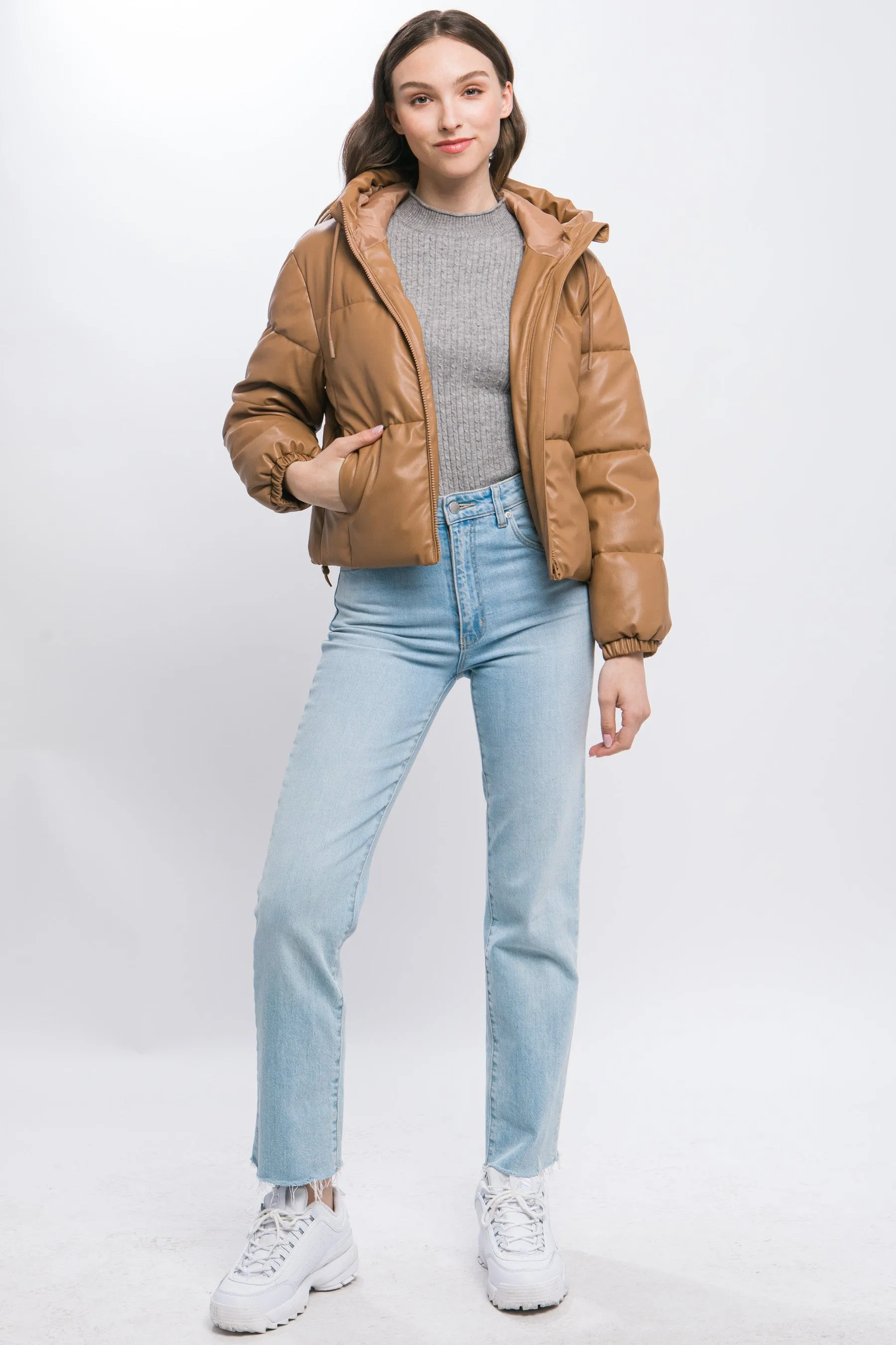 Faux Leather Hooded Puffer Jacket