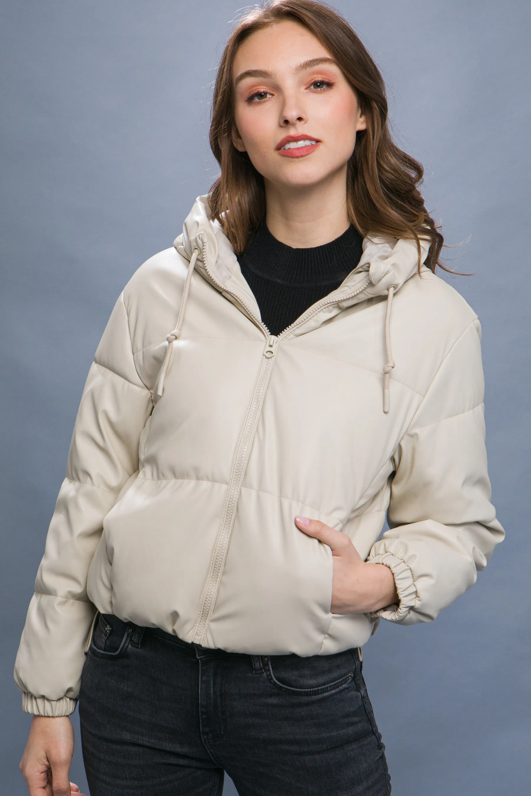 Faux Leather Hooded Puffer Jacket
