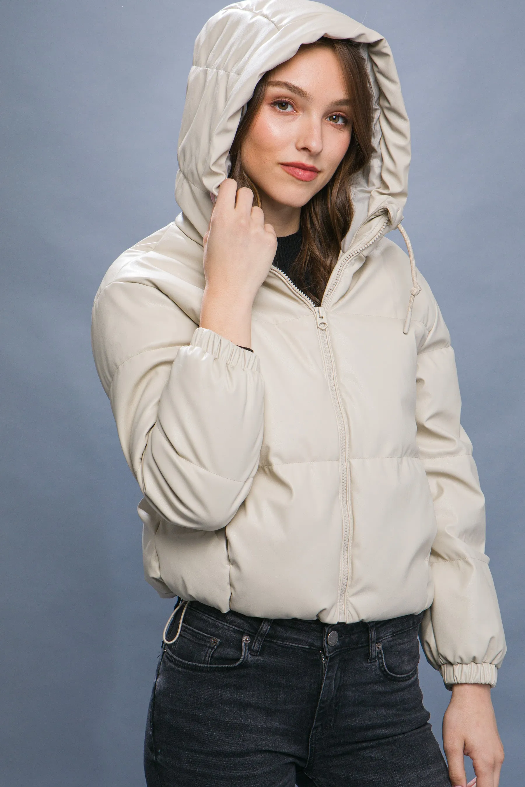 Faux Leather Hooded Puffer Jacket
