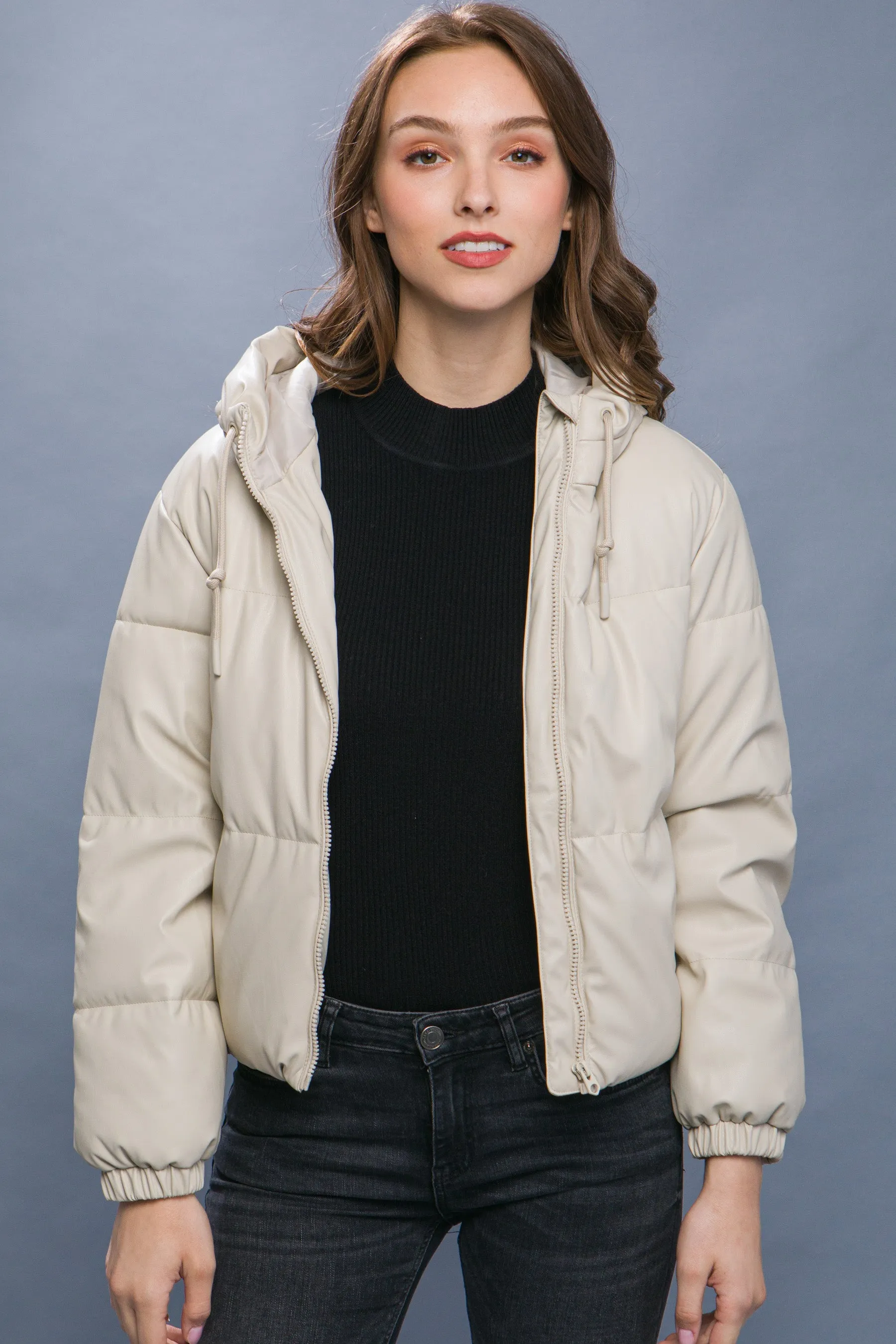 Faux Leather Hooded Puffer Jacket