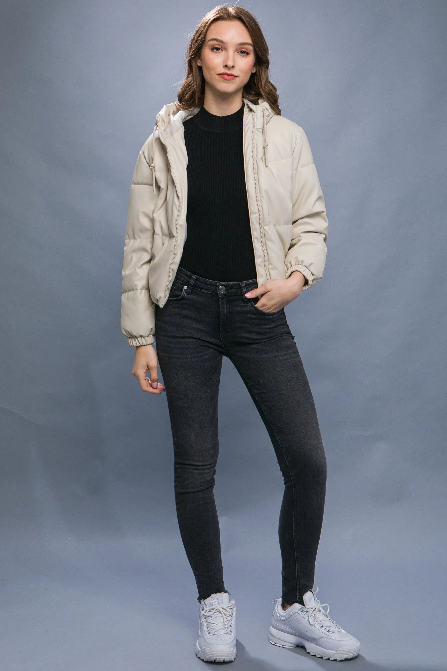 Faux Leather Hooded Puffer Jacket