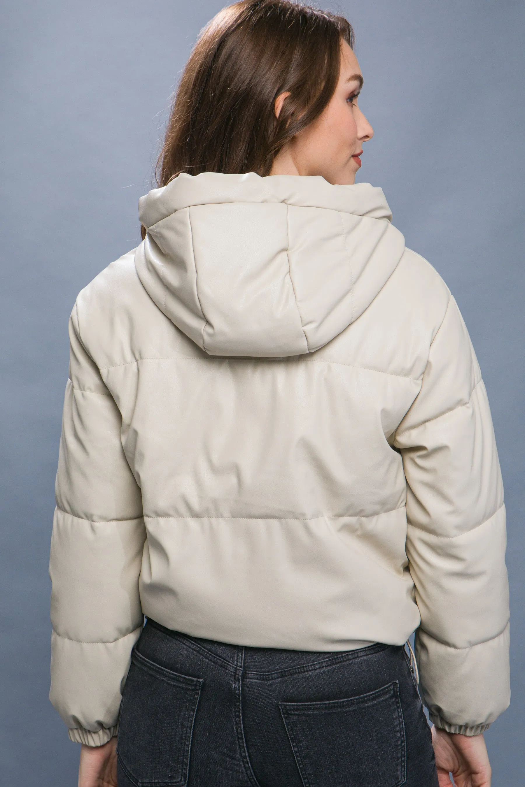 Faux Leather Hooded Puffer Jacket