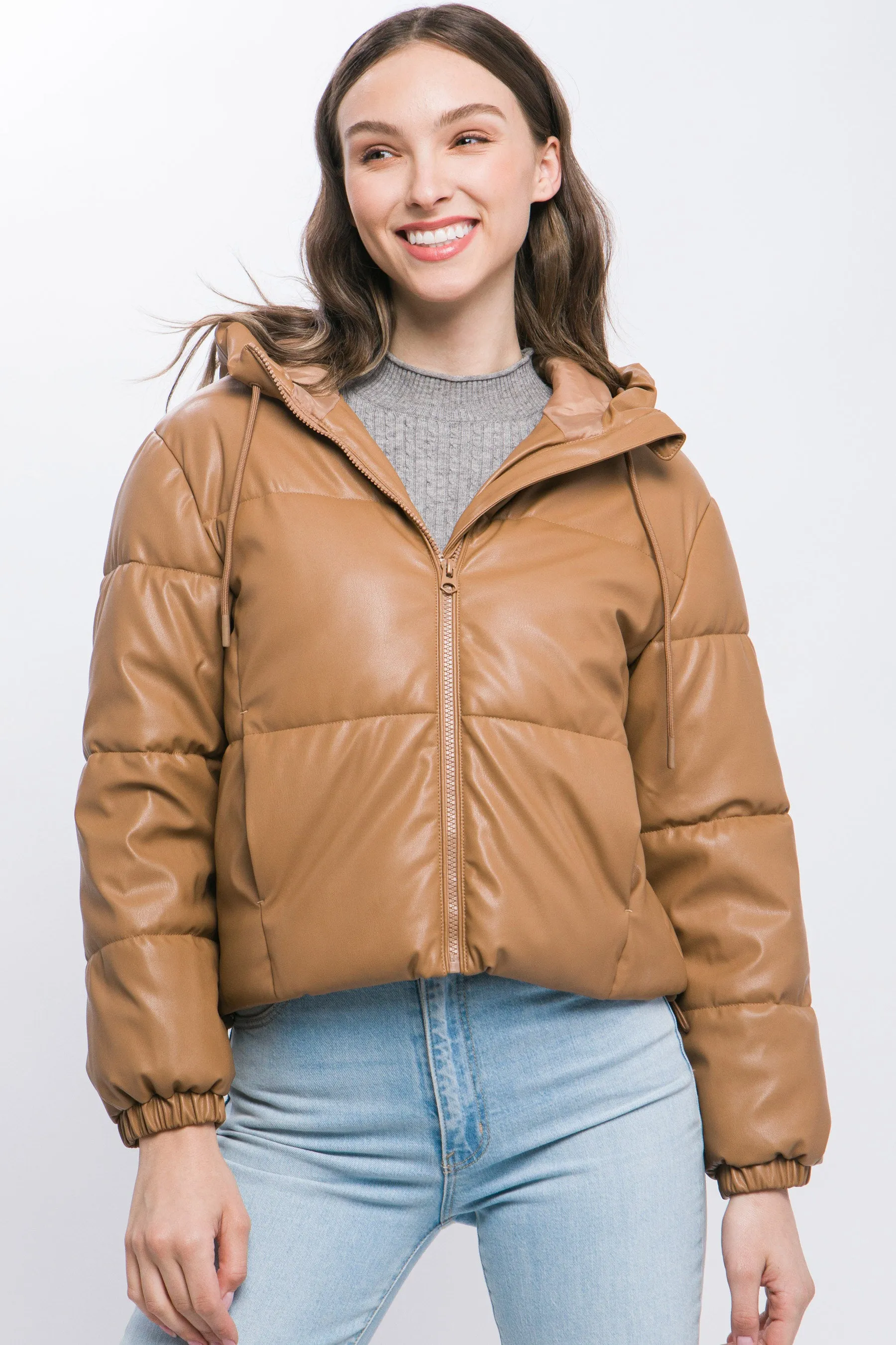 Faux Leather Hooded Puffer Jacket