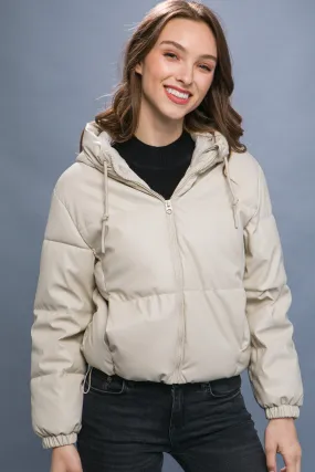 Faux Leather Hooded Puffer Jacket