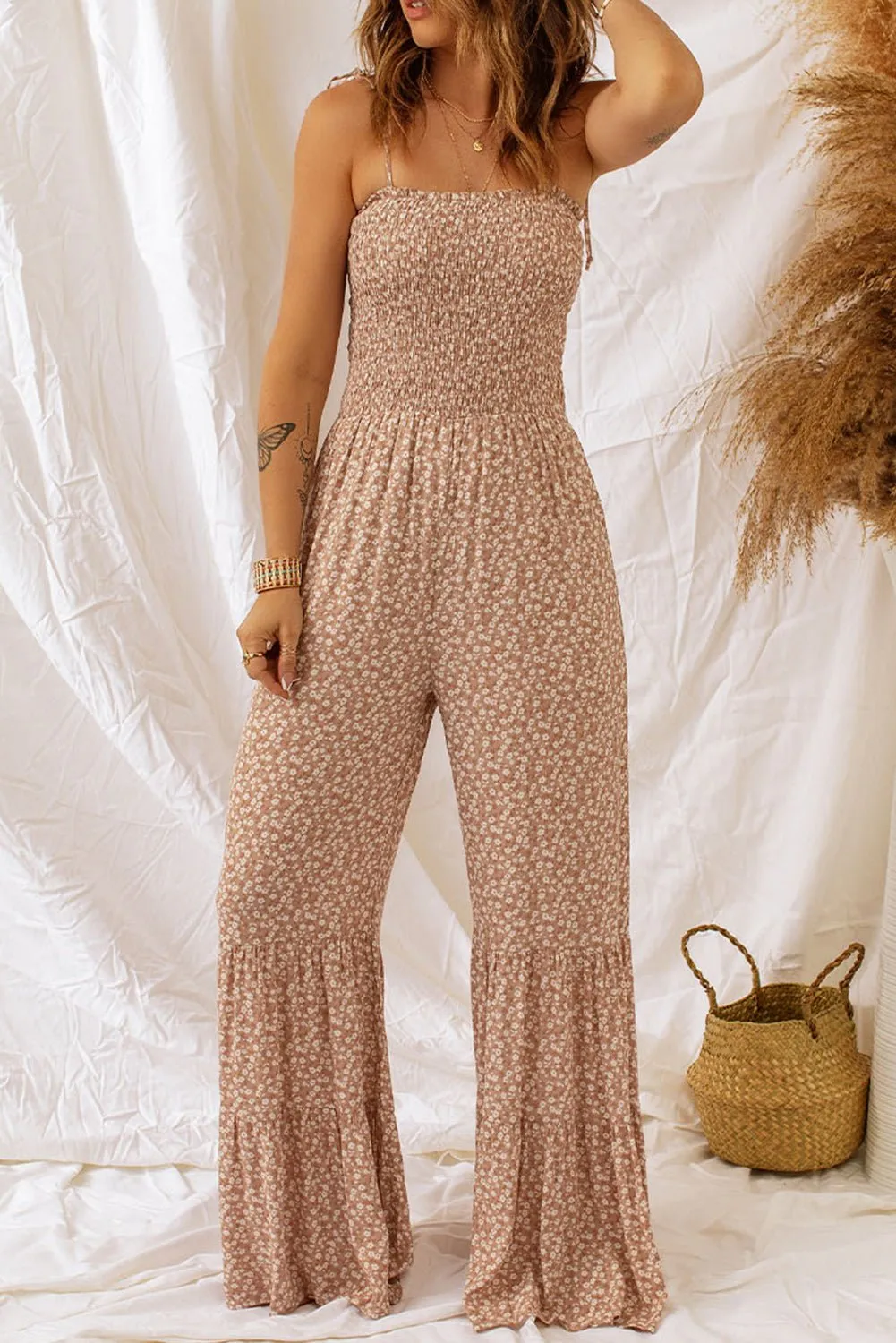 Floral Spaghetti Strap Smocked Wide Leg Jumpsuit: Trendy Elegance for Every Occasion