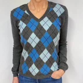 Grey Blue Diamond Cashmere V-Neck Jumper Medium