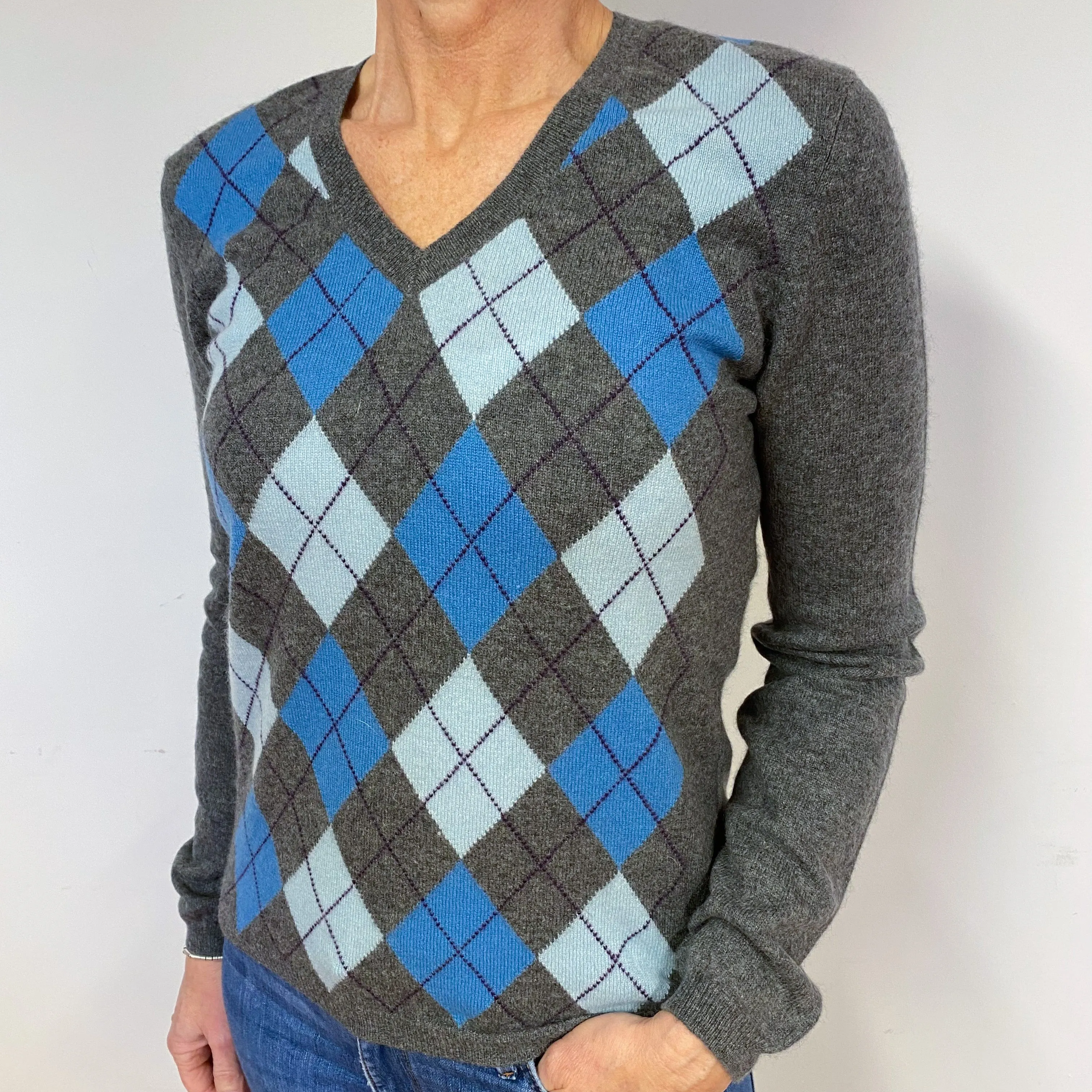 Grey Blue Diamond Cashmere V-Neck Jumper Medium